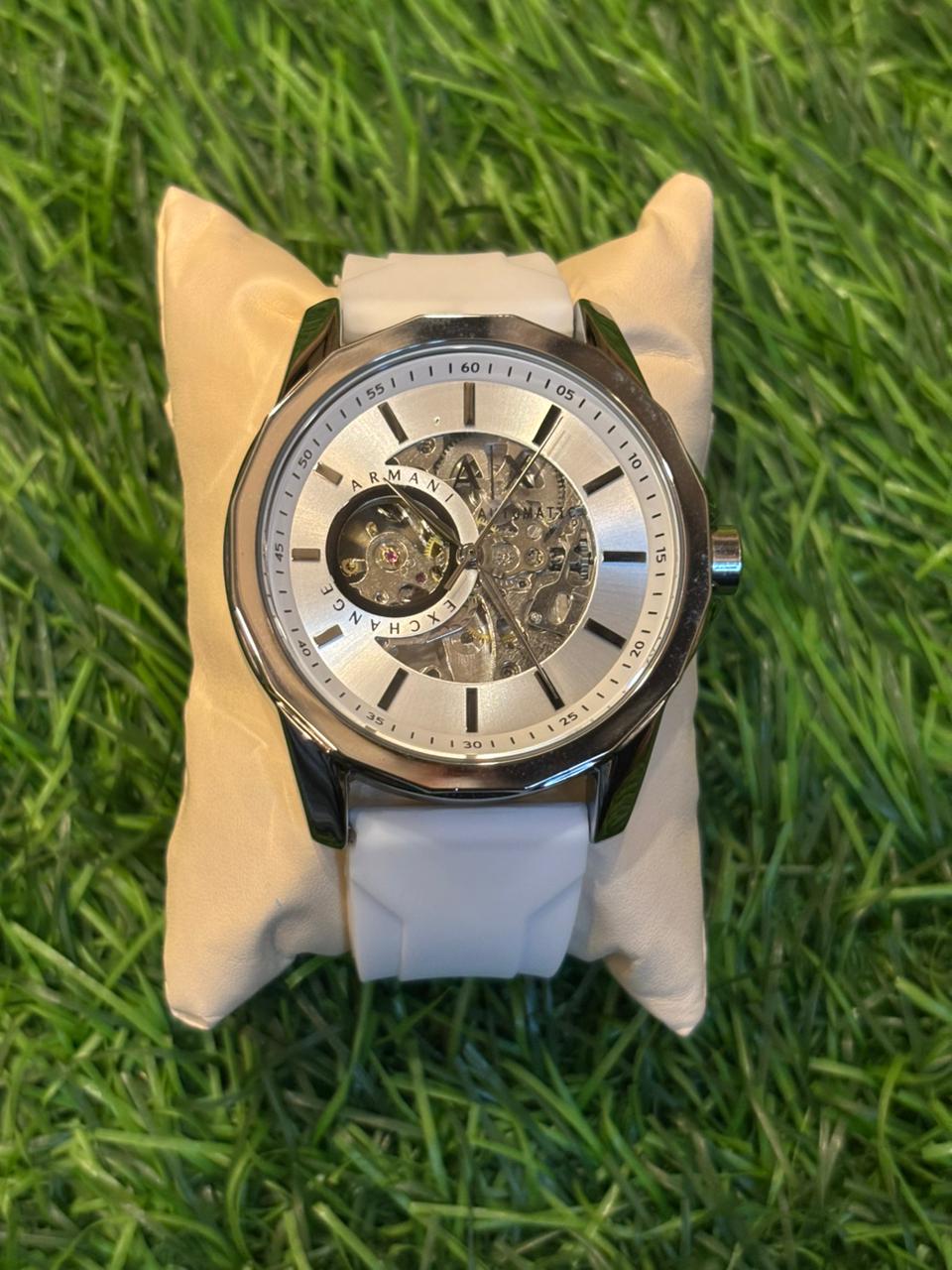 WhatsApp Image 2025-10-10 at 9.32.52 AM Arm🔥ni Exch🔥nge Automatic White silicon belt watch - Image 1