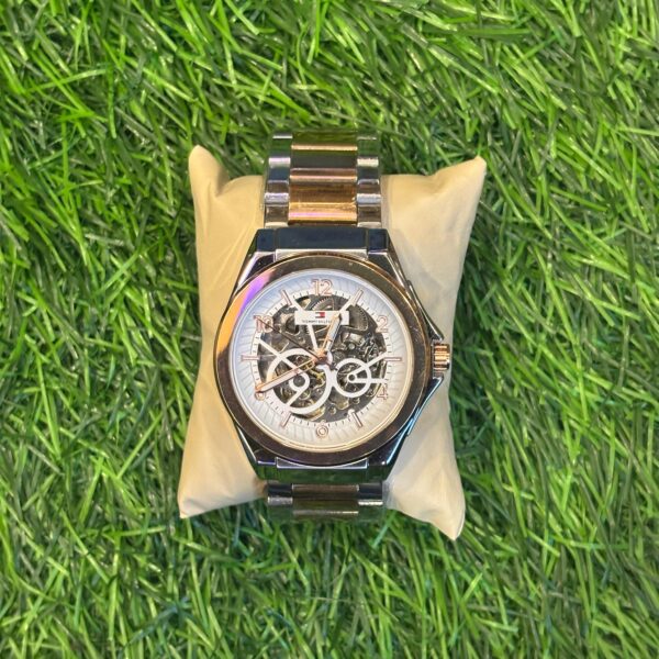 T🔥mmy Hil🔥iger Automatic Movement dual-tone silver and rose gold chain watch