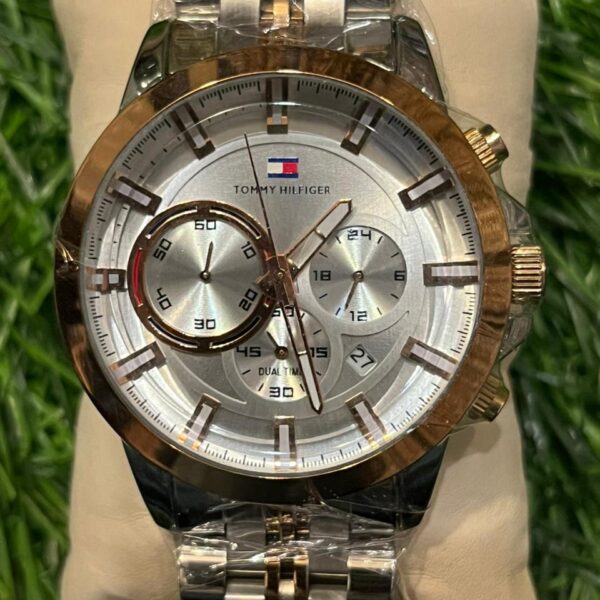 T🔥mmy Hil🔥iger Dual-Tone (Silver & Rose Gold) - Silver Dial Chain watch for men