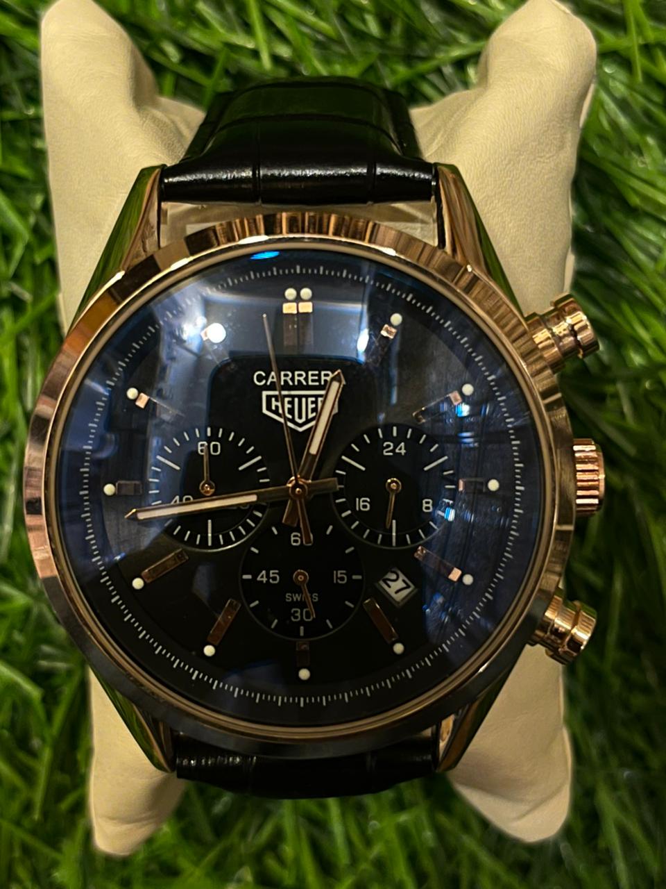 WhatsApp Image 2025-10-29 at 11.14.31 PM (1) T🔥g He🔥er Carrera Chronograph (Black Dial) belt watch for men - Image 1