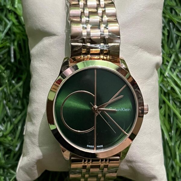 C🔥lvin Kl🔥in Green Dial rose gold chain watch for Women's