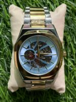 F🔥ssil Automatic skeleton dual tone chain watch for Men (Ice Blue skeleton dial)