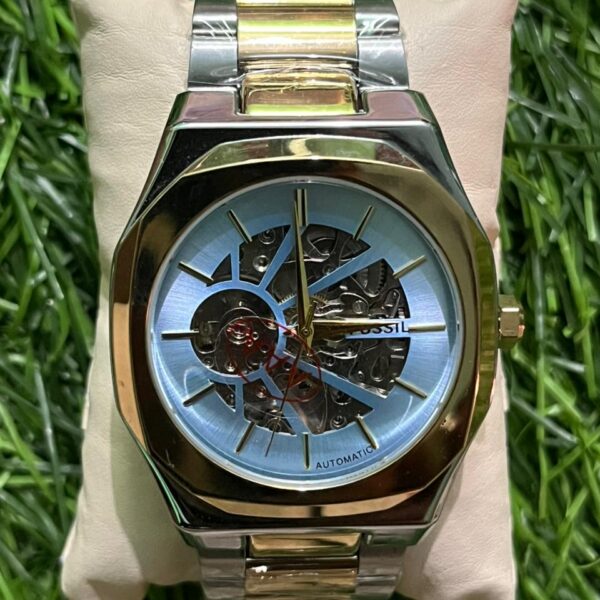 F🔥ssil Automatic skeleton dual tone chain watch for Men (Ice Blue skeleton dial)