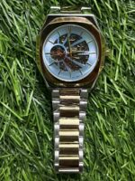 F🔥ssil Automatic skeleton dual tone chain watch for Men (Ice Blue skeleton dial) - Image 5