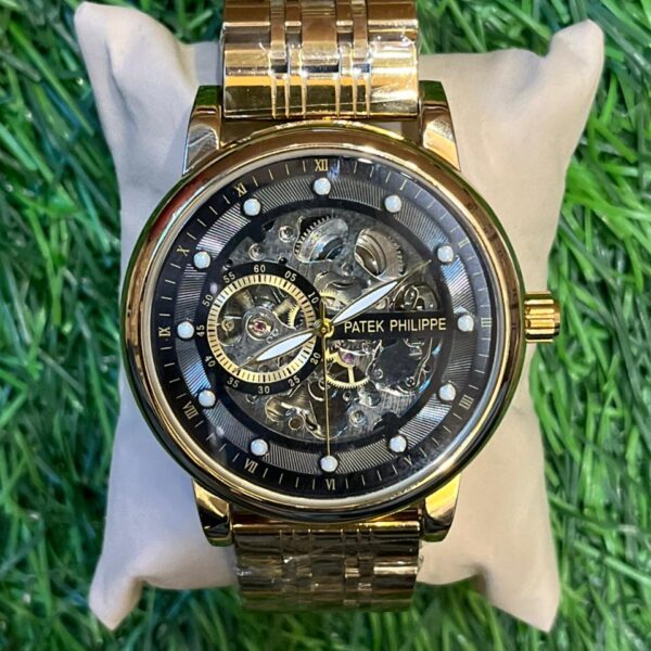 P🔥tek Ph🔥lippe automatic gold chain black dial watch for men's