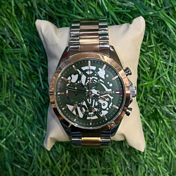 T🔥MMY HILF🔥GER  green dial dual tone chain watch for men's