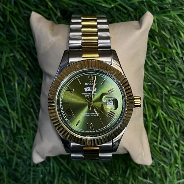 R🔥lex  day date dual tone chain watch green dial